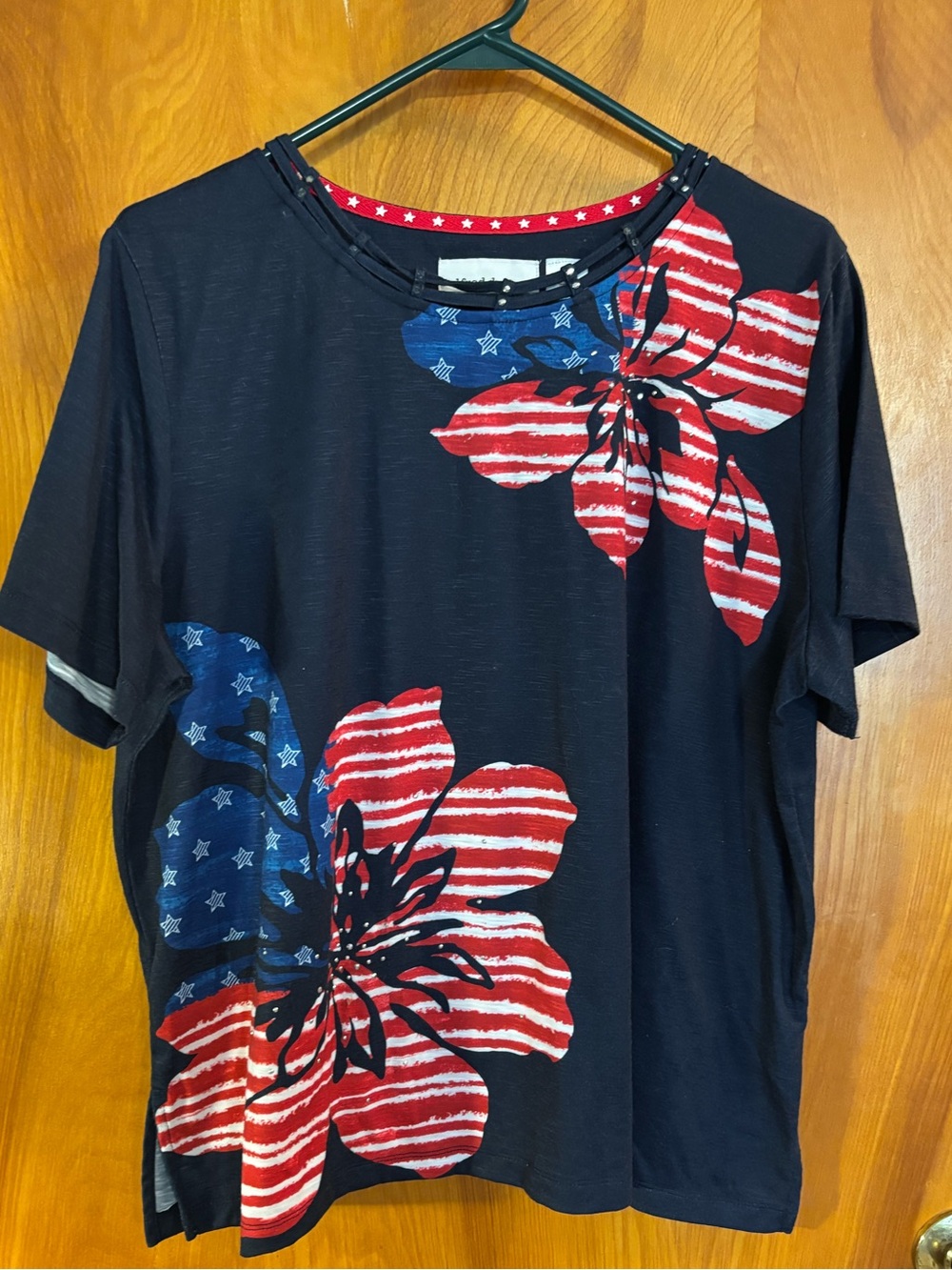 Alfred Dunner Navy Tee with Red & Blue Floral Flag Print